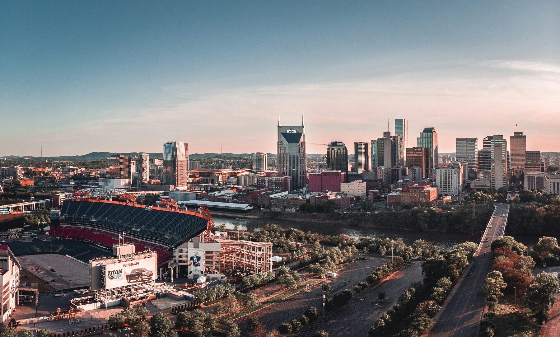 Nashville skyline at dusk, looking east across the Cumberland River