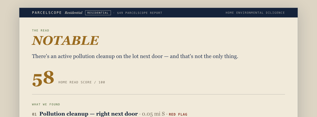 A real Parcelscope report on a Nashville home — a pollution cleanup next door, a high-voltage line across the lot, a possible forever-chemicals source